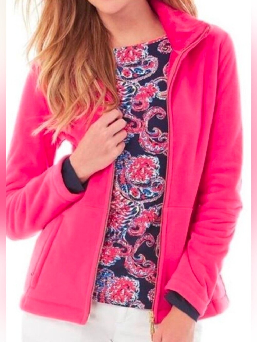 Lilly Pulitzer Women's Bright Pink Full-Zip (2 Way Zip) Soft Fleece Jacket Small